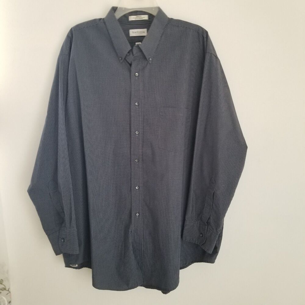 Van Heusen Shirt Big Man 18-34 Black Gray Checked Broadcloth Button Up